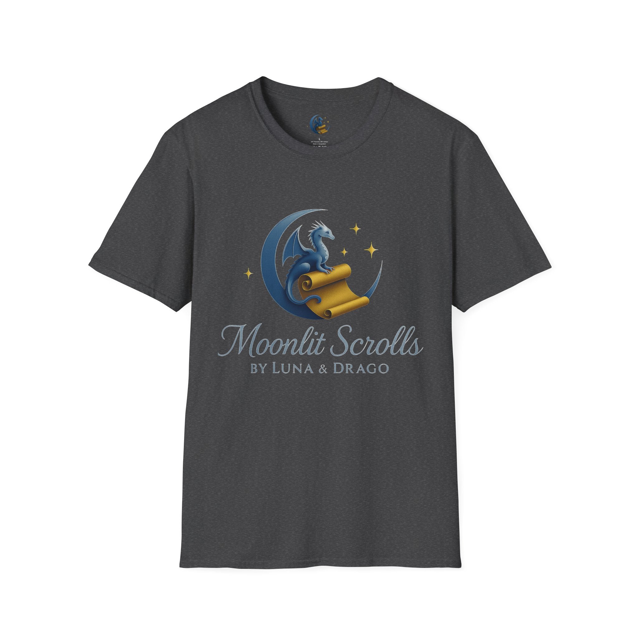 Moonlit Scrolls T-Shirt — Fantasy Logo Tee ("Moonlit Scrolls by Luna & Drago")
