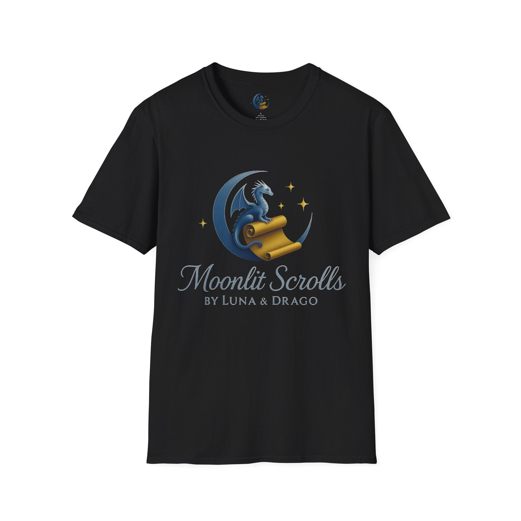 Moonlit Scrolls T-Shirt — Fantasy Logo Tee ("Moonlit Scrolls by Luna & Drago")