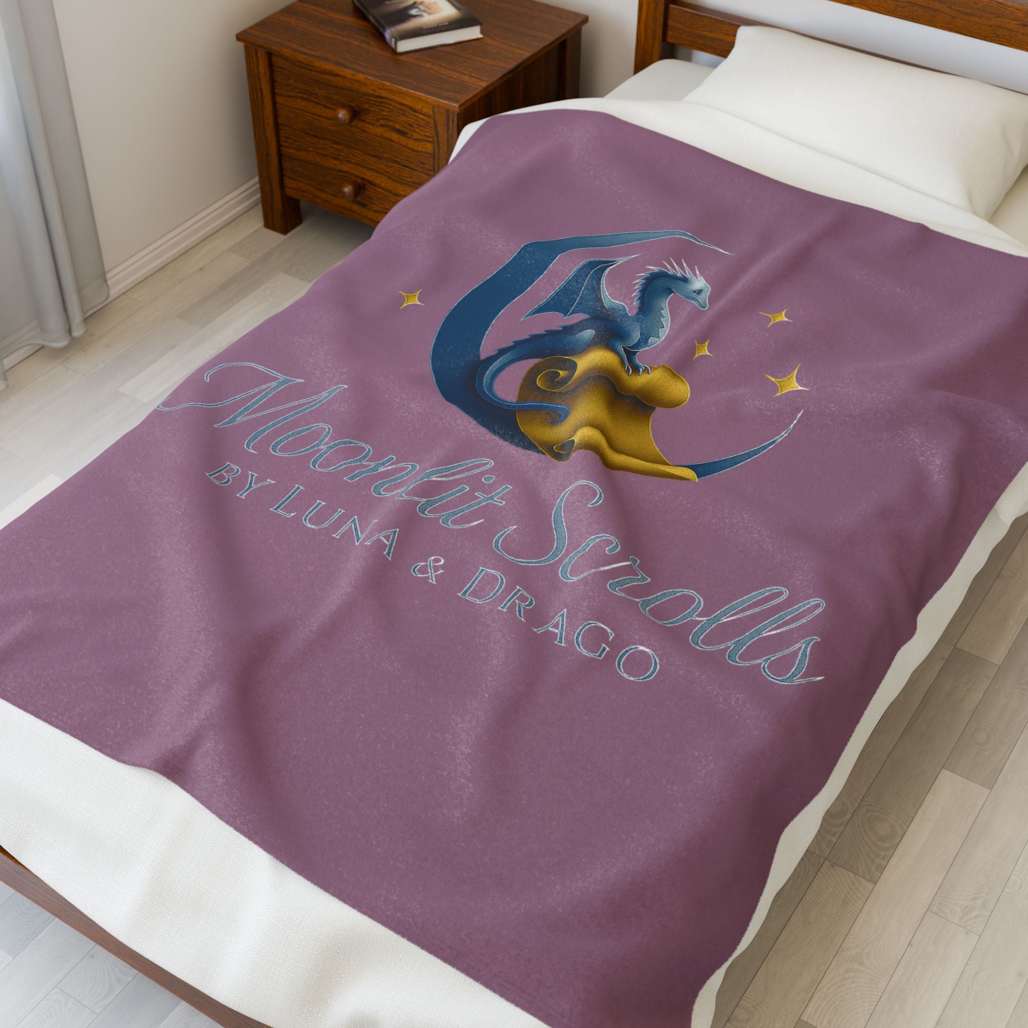 Moonlit Scrolls Plush Blanket — Luna & Drago Dragon Logo Velveteen Throw